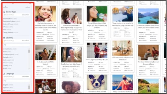 Ad dashboard with filters and ad previews